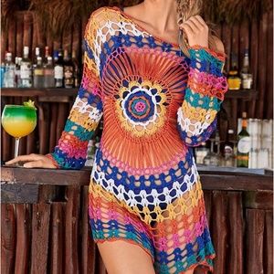 Restocked Rainbow Crochet Boho Coverup Tunic OSFM